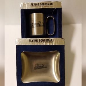 Vintage Flying Scotsman Coin Tray &Cup English Stainless Steel, Train Etchings